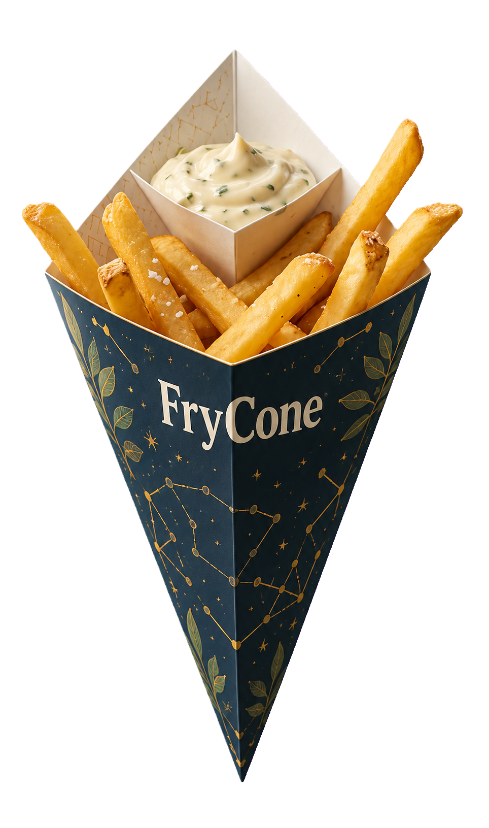 Custom printed FryCone filled with fries and dipping sauce